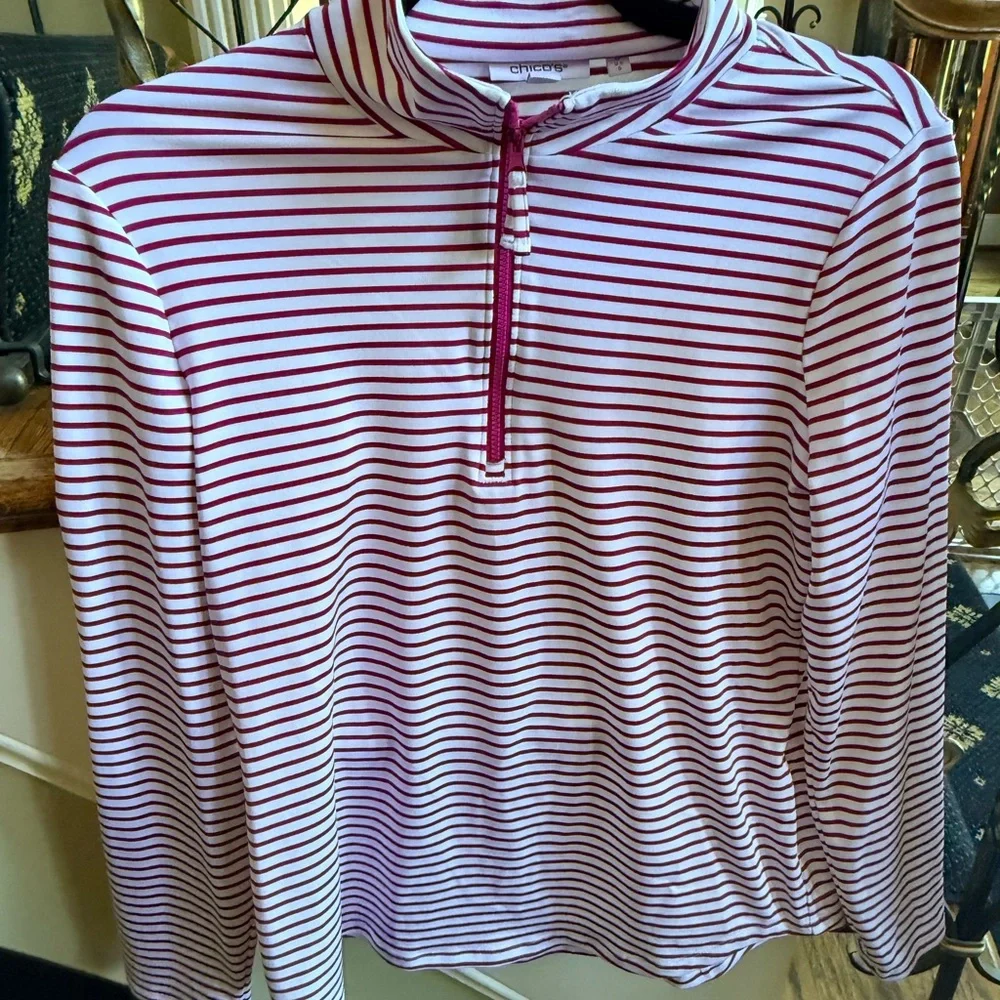 Chico’s Zenery Stretch material 3/4 zip long sleeve top. Size 0 EUC pink /White - Picture 4 of 11